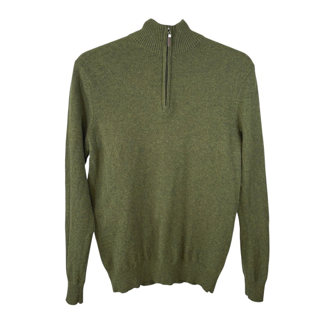 Qi Cashmere Mens 100% Cashmere Quarter Zip Sweater Olive‎ Green Heather Size M